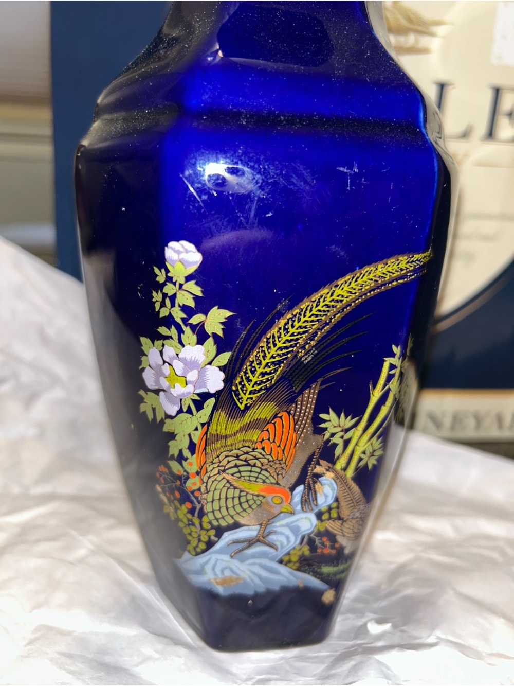 Vintage Japanese cobalt blue porcelain vase with pheasant and floral decoration